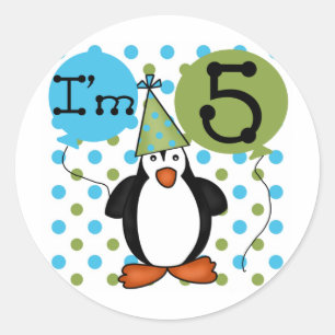 Adesivo Redondo 5 Penguin Birthday camisetas e presentes