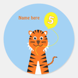 Adesivo Redondo 5 tigre de aniversário adicione nome azul laranja