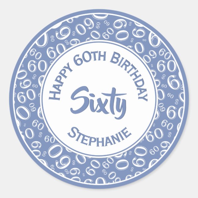 Adesivo Redondo 60º Aniversário Padrão 60 Azul e Branco (Frente)