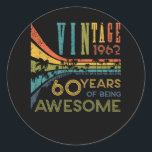 Adesivo Redondo 60 Year Old Birthday Vintage 1962 60th Birthday<br><div class="desc">Awesome tee Ideas People who born in 1962 Retro Vintage Classic Old School 60th Awesome tee Ideas for Men Women. 60 years old awesome vintage birthday. Complete happy birthday decorations .Your birthday party will be funny, awesome, epic & legendary. Great tee for any Old Guy in your life like your...</div>