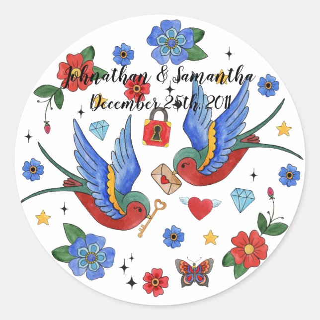 Adesivo Redondo 6 - 3" Favor Autocolantes Tatuagem Tradicional de  (Frente)