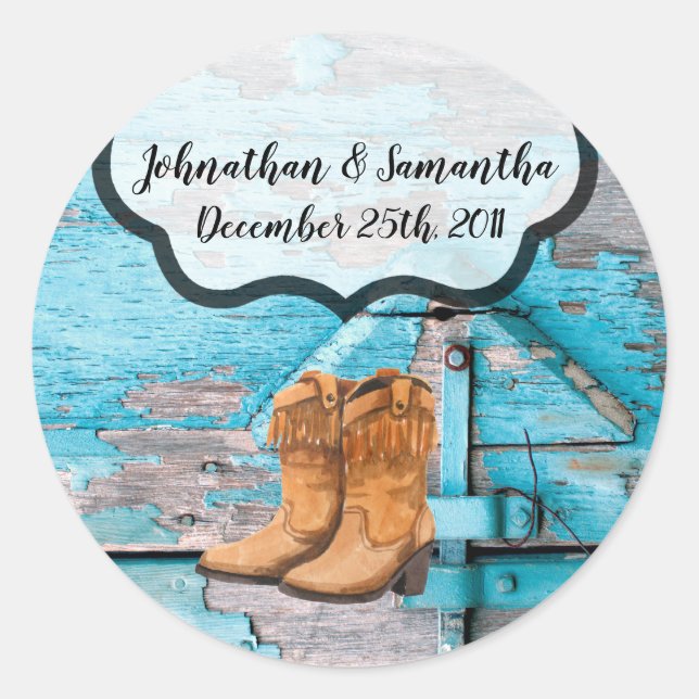 Adesivo Redondo 6 - 3" Favor Stickers Blue Wood Barn Door Boots (Frente)