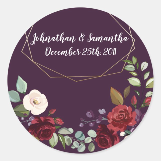 Adesivo Redondo 6 - 3" Favor Vinhetas Rosas de ameixa Douradas (Frente)