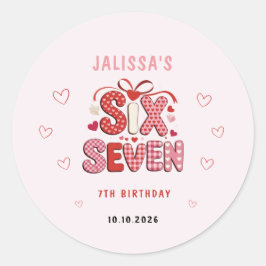 Adesivo Redondo 6 7 Birthday for Girls, Pink 7th Kids Party 