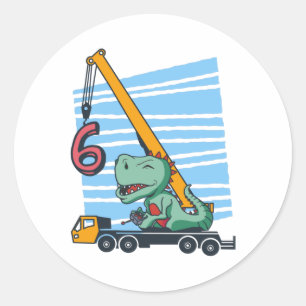 Adesivo Redondo 6 anos 6º Aniversário Guindaste Móvel Dinossauro