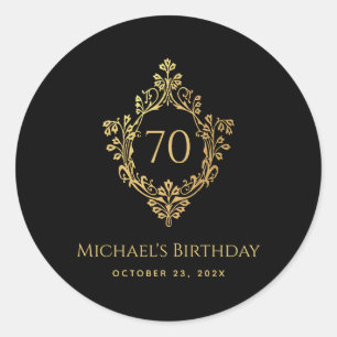 Adesivo Redondo 70 Birthday Man Black Elegage Crest Dourado Elegan