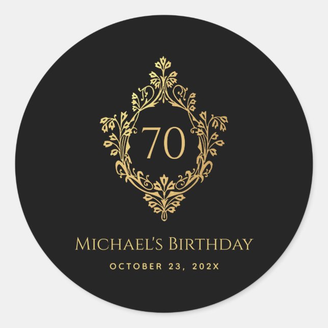 Adesivo Redondo 70 Birthday Man Black Elegage Crest Dourado Elegan (Frente)