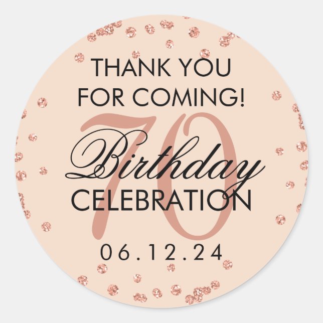 Adesivo Redondo 70 De Blush rosa Dourada Aniversário Obrigado Conf (Frente)