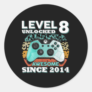 Adesivo Redondo 8º Aniversário do Gamer Nível 8 Desbloqueado
