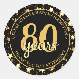 Adesivo Redondo 80º Aniversário Estrelas Preto e Dourado OBRIGADO