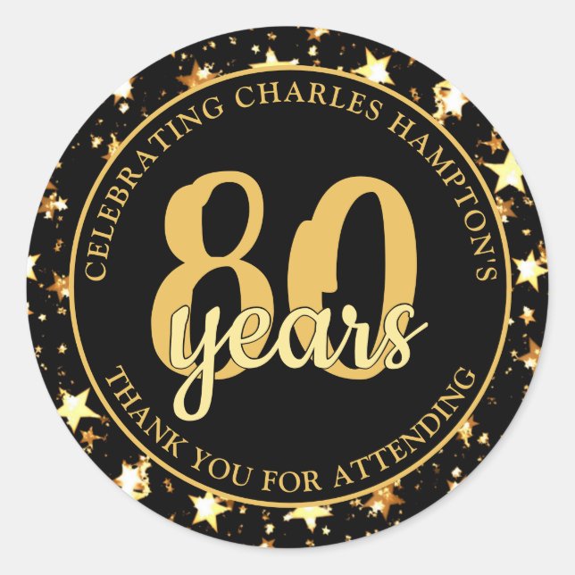 Adesivo Redondo 80º Aniversário Estrelas Preto e Dourado OBRIGADO (Frente)