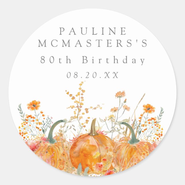 Adesivo Redondo 80 Birthday Pumpkin Wildflower Favor Personalizado (Frente)