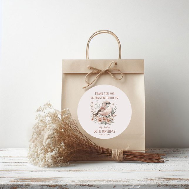 Adesivo Redondo 80 de Aniversário do Brown Bird Obrigado (Bird birthday party thank you sticker)