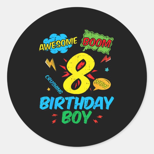 Adesivo Redondo 8 Birthday Boy Comic Cool 8th Bday Superhero Party (Frente)