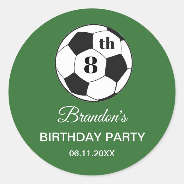 Adesivo Redondo 8th Birthday Party Soccer Green Boys Sports (Frente)