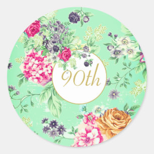 Adesivo Redondo 90 Birthday Floral Birthday Verde Dourado