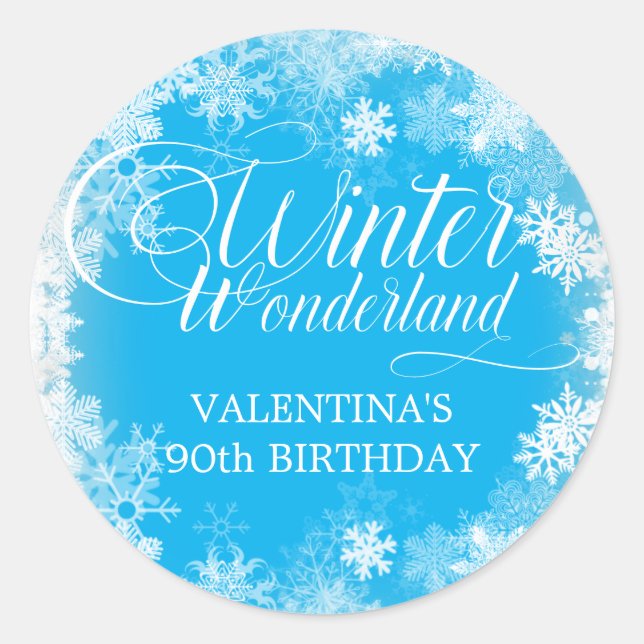 Adesivo Redondo 90 Birthday Winter Wonderland Snowflake Favor (Frente)