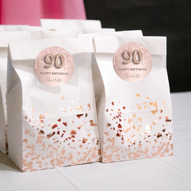 Adesivo Redondo 90 de aniversário rosa dourado brilho cor-de-rosa  (Criador carregado)