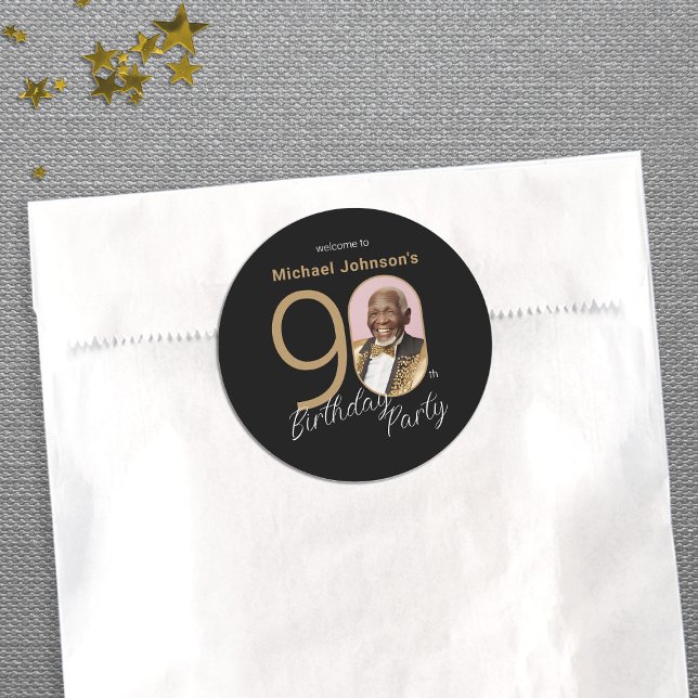 Adesivo Redondo 90 de Fotografia Personalizada Elegante Preto Dour (Custom Photo 90th Birthday Black Gold Elegant Classic Round Sticker)