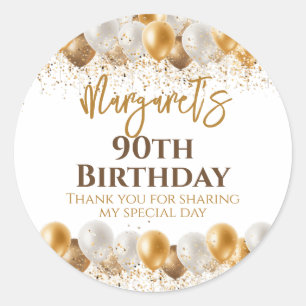 Adesivo Redondo 90 Festa de aniversário Dourado Prata Obrigado