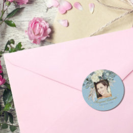 Adesivo Redondo 90 Floral Blue Dourado Foto Elegante Aniversário