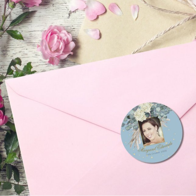 Adesivo Redondo 90 Floral Blue Dourado Foto Elegante Aniversário (Criador carregado)