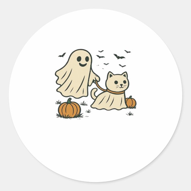 Adesivo Redondo 90s Cat Pumpkin Halloween Floral Spooky Season (Frente)