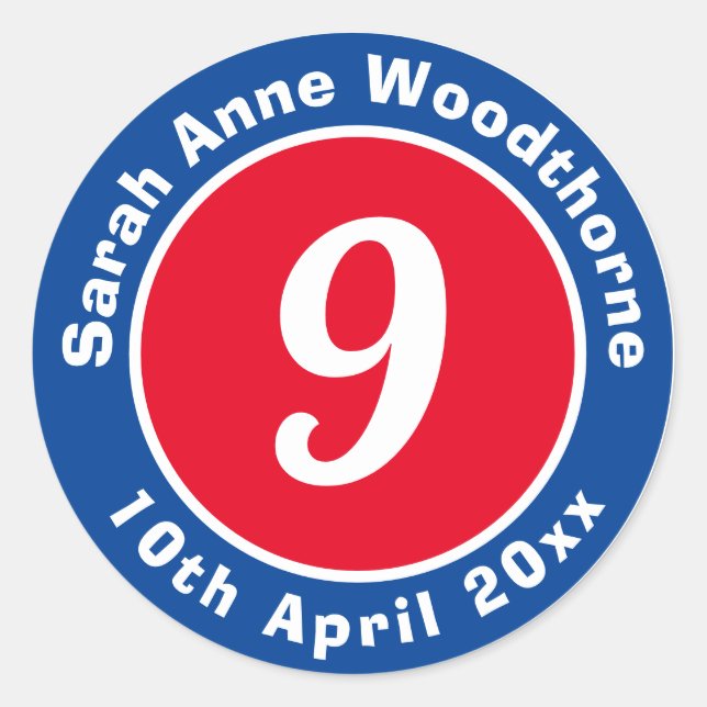 Adesivo Redondo 9.º Aniversário com Nome e Data (Frente)