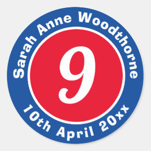 Adesivo Redondo 9.º Aniversário com Nome e Data