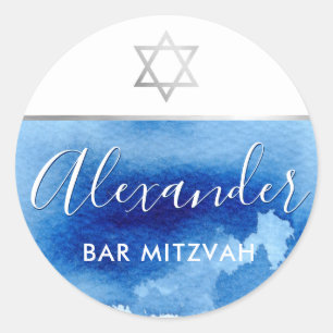 Adesivo Redondo A aguarela azul da estrela de prata do BAR MITZVAH
