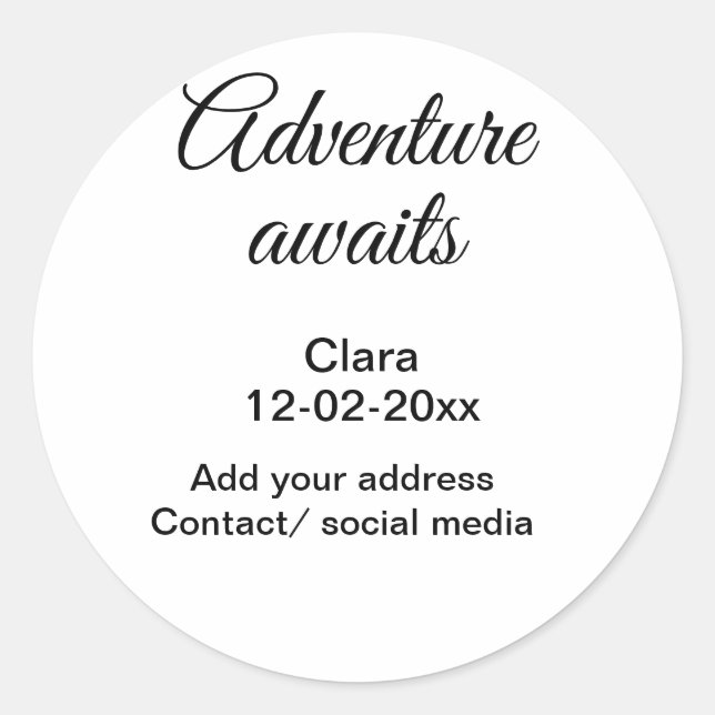Adesivo Redondo A aventura começa a adicionar nome data ano local (Frente)