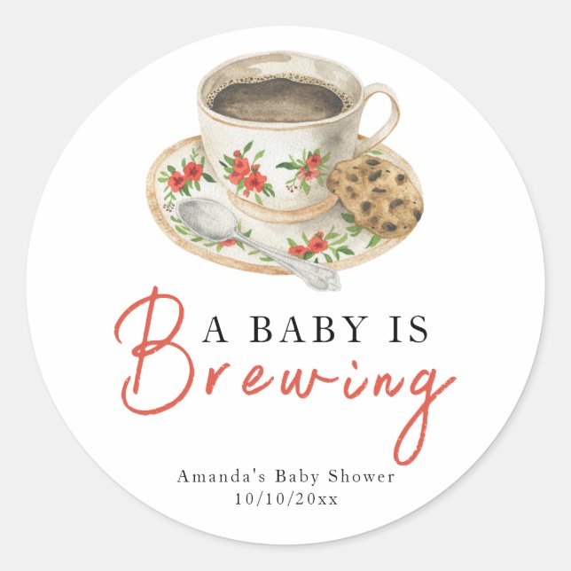Adesivo Redondo A Baby Is Brewing Coffee Cup Baby Shower (Frente)