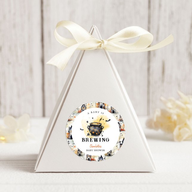 Adesivo Redondo A Baby is Brewing Halloween Cauldron Baby Shower (Criador carregado)