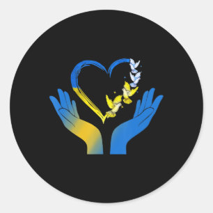 Adesivo Redondo A Bandeira Ucraniana Do Coração De Mão Levanta A U