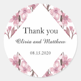 Adesivo Redondo A cereja rosa floresce. Casamento Floral Obrigado