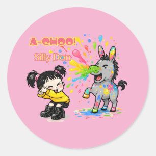 Adesivo Redondo A-CHOO! Silly Don – Desenho Animado de Burro Engra
