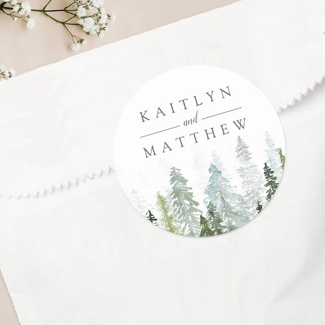 Adesivo Redondo A Coleção de Casamentos da Floresta de Pinheiros d (Criador carregado)