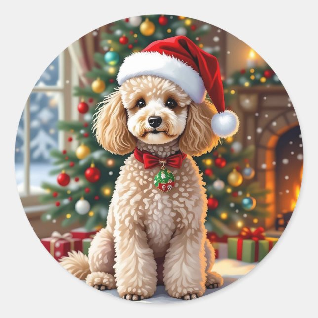 Adesivo Redondo A Cute Festive Poodle Christmas   (Frente)