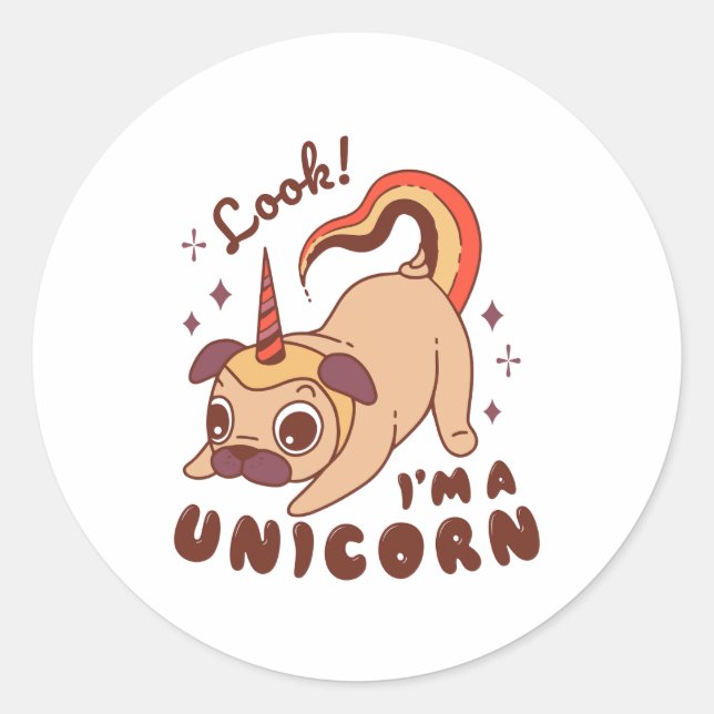 Adesivo Redondo A funny pug unicorn Look I'm a Unicorn (Frente)