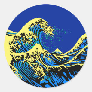 Adesivo Redondo A grande onda de Hokusai no estilo amarelo azul do