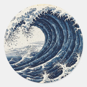 Adesivo Redondo A Grande Onda de Índigo — Estilo Xilogravura