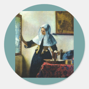 Adesivo Redondo A jovem mulher de Vermeer com um jarro Ca 1665 da