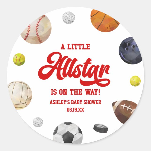Adesivo Redondo A Little Allstar Is On The Way! Sports Baby Shower (Frente)