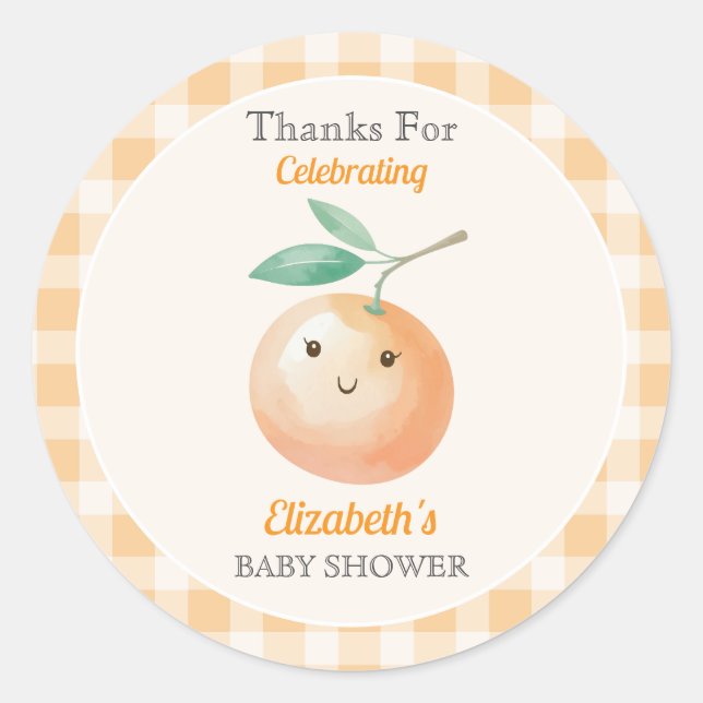 Adesivo Redondo A Little Cutie Orange Gingham Citrus Baby Shower (Frente)
