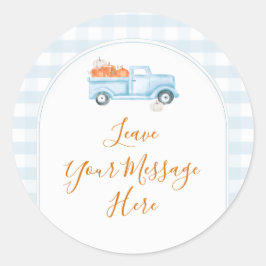 Adesivo Redondo A Little Pumpkin Blue Truck Gingham Your Message