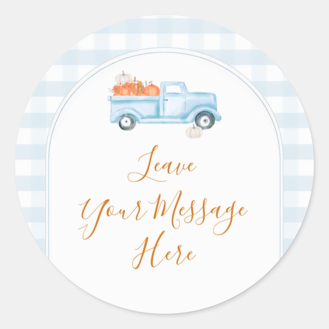 Adesivo Redondo A Little Pumpkin Blue Truck Gingham Your Message (Frente)