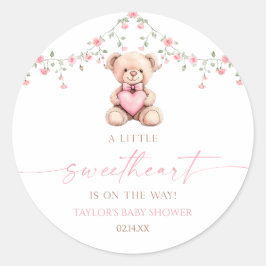 Adesivo Redondo A Little Sweetheart Pink Teddy Bear Baby Shower