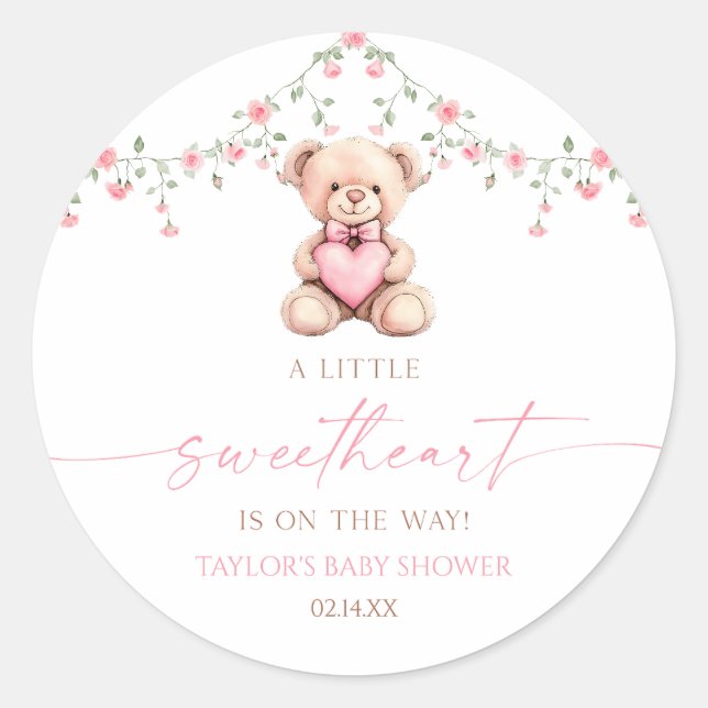Adesivo Redondo A Little Sweetheart Pink Teddy Bear Baby Shower (Frente)