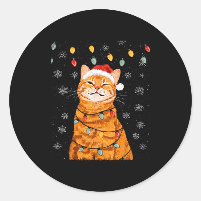 Adesivo Redondo A Merry Christmas Lights Snowflake Ginger Cat Oran (Frente)