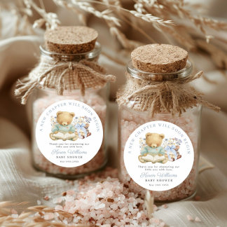 Adesivo Redondo A New Chapter Bear Book Baby Shower Thank you